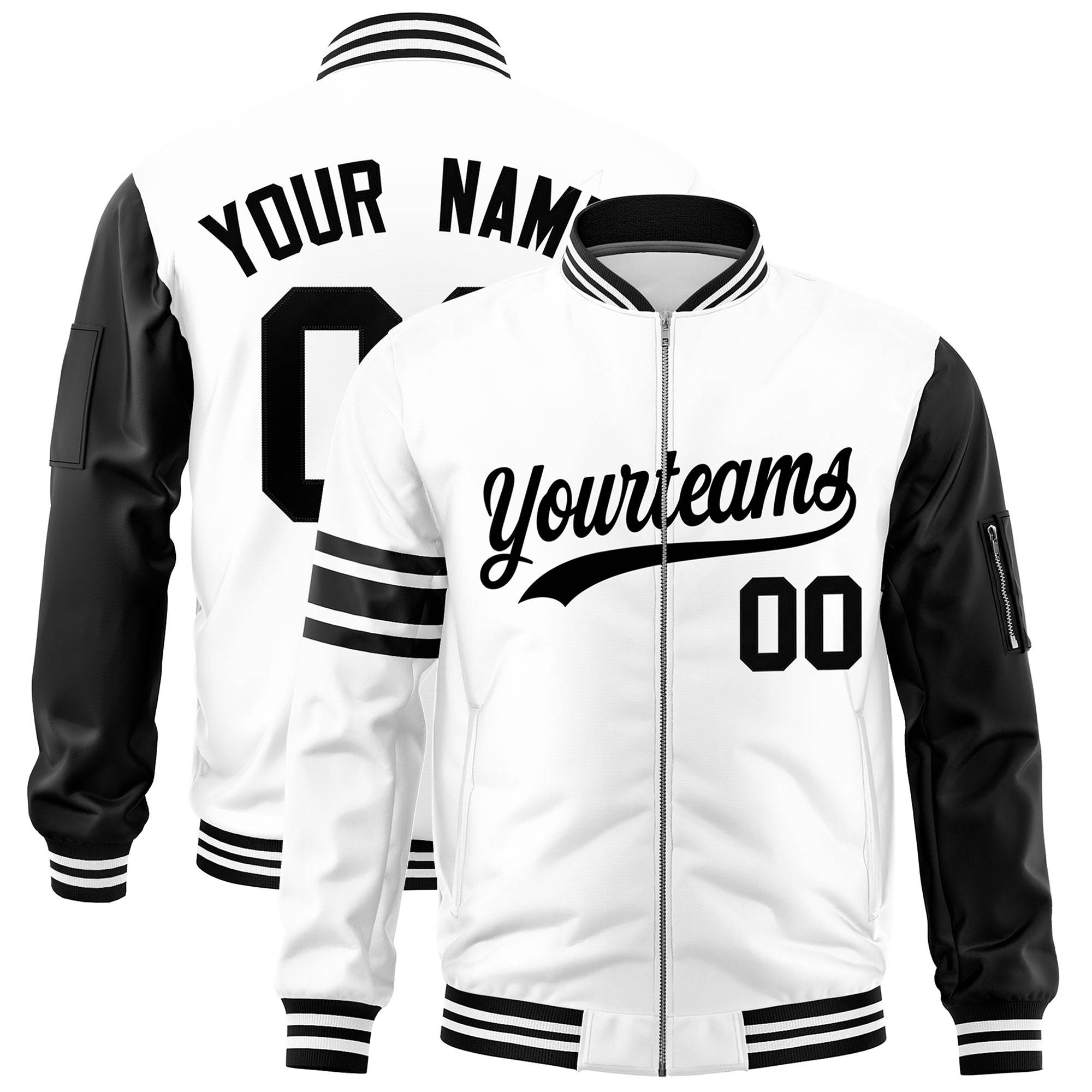 Custom White Black Varsity Full-Zip Raglan Sleeves Stripe Letterman Bomber Jacket