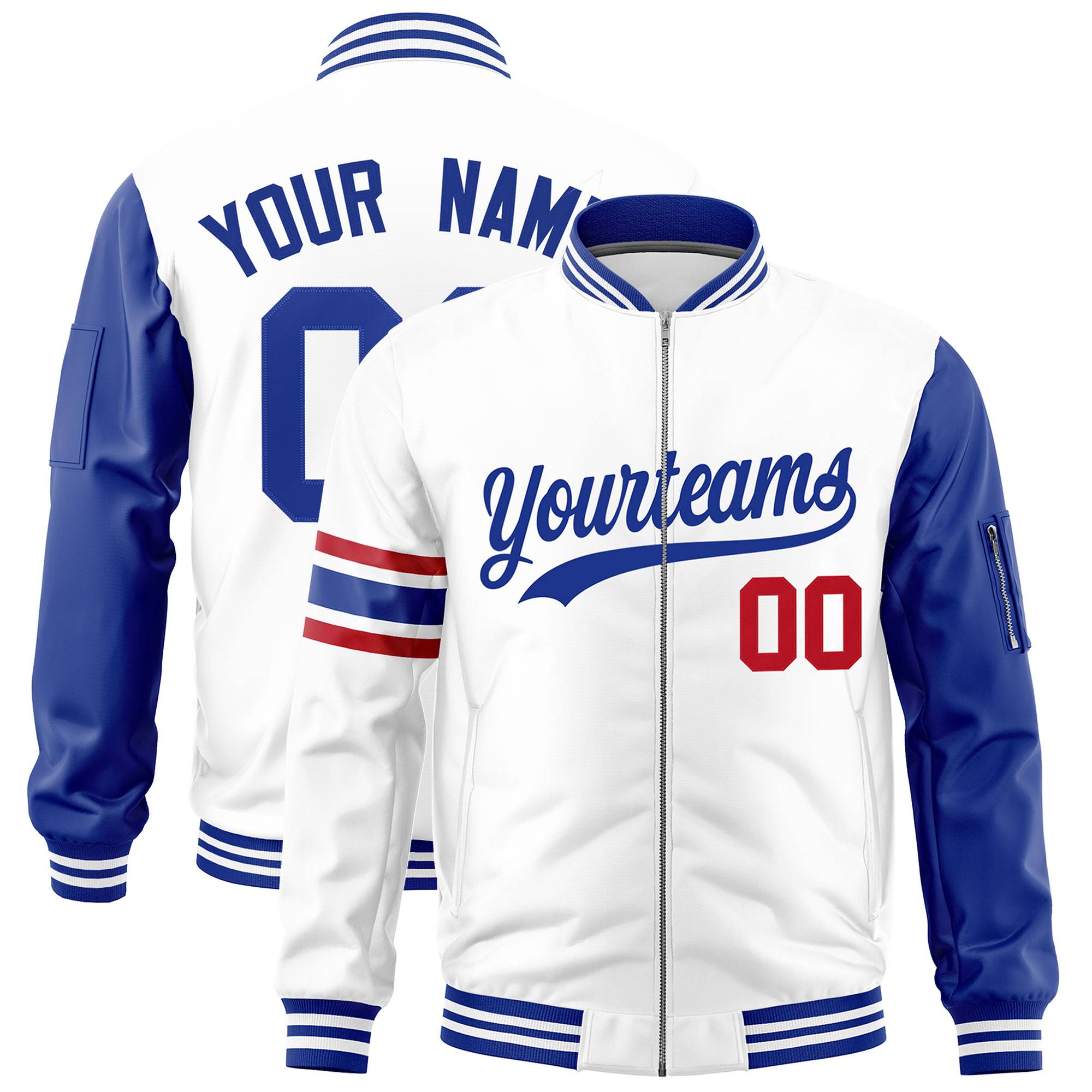 Custom White Royal Varsity Full-Zip Raglan Sleeves Stripe Letterman Bomber Jacket