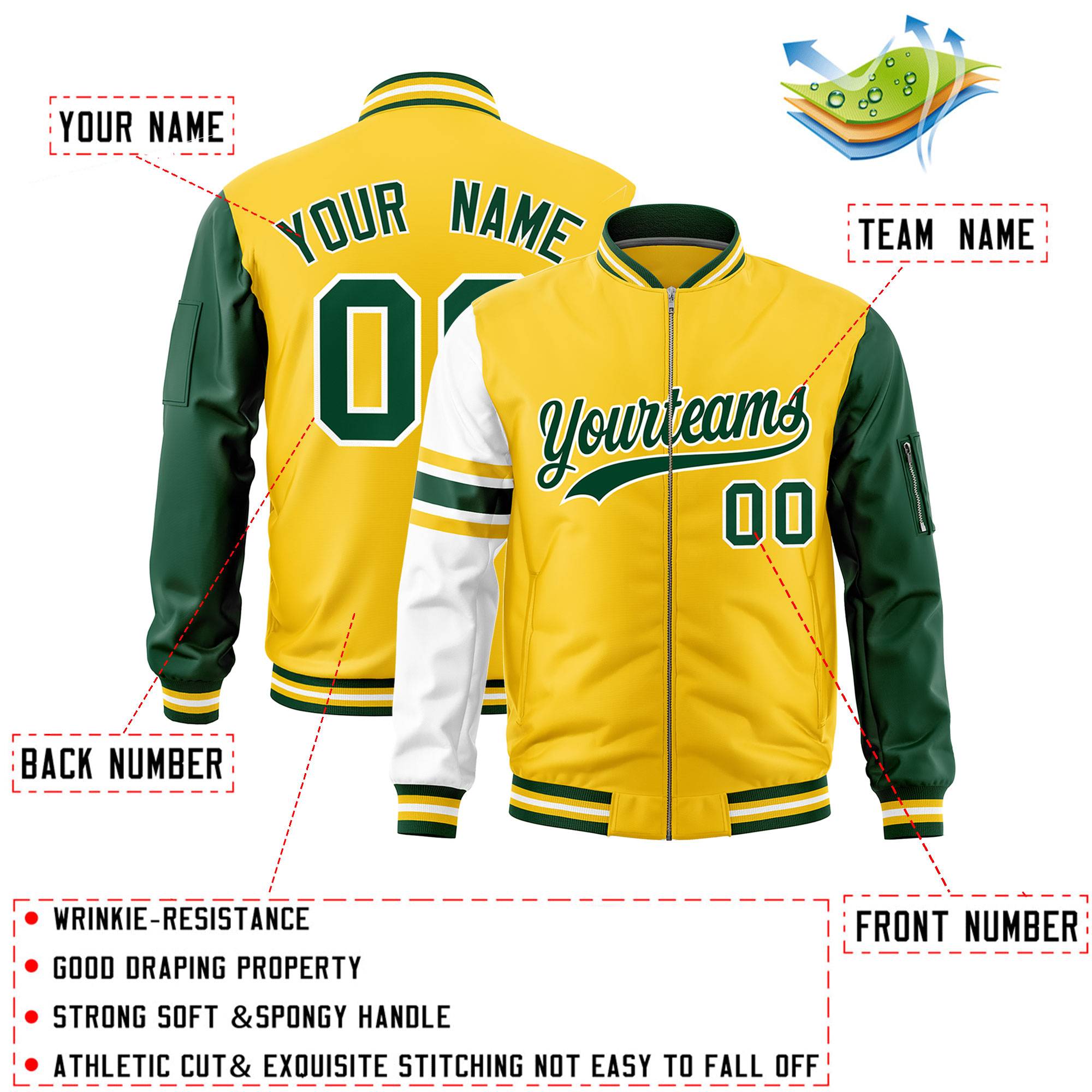 Custom Gold Green-White Varsity Full-Zip Raglan Sleeves Stripe Letterman Bomber Jacket