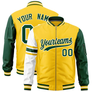 Custom Gold Green-White Varsity Full-Zip Raglan Sleeves Stripe Letterman Bomber Jacket