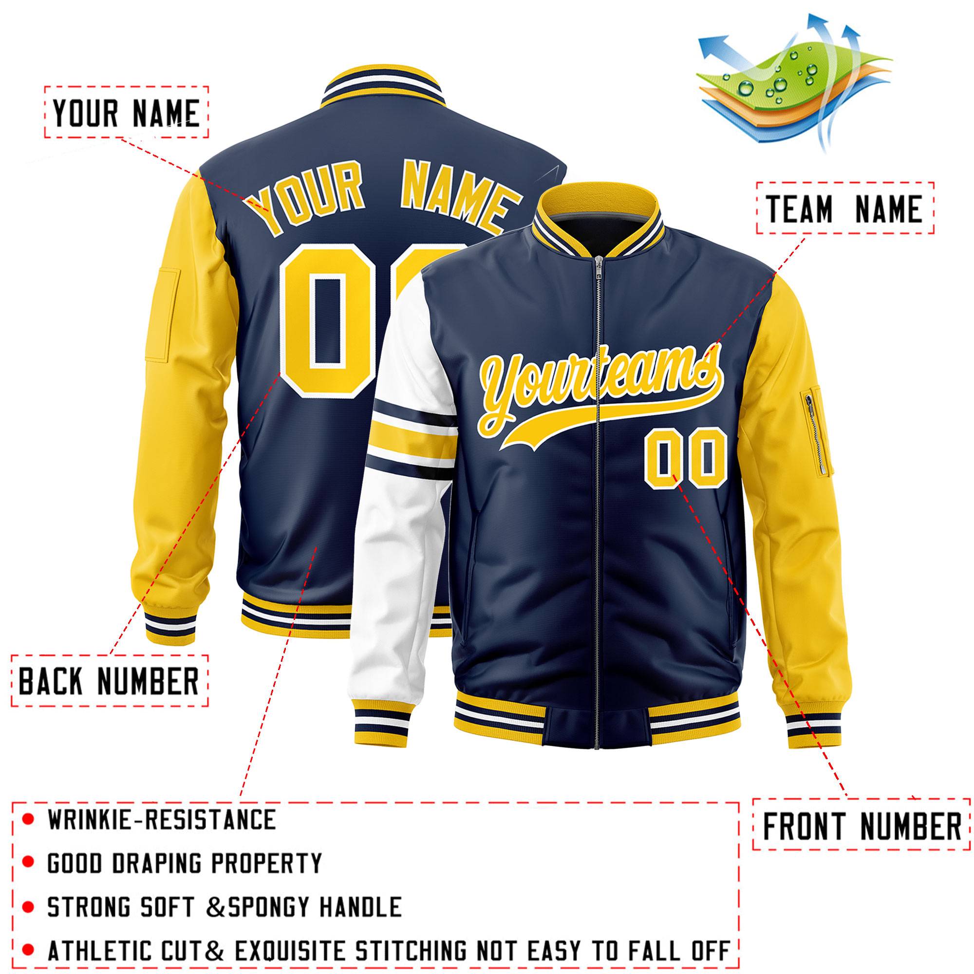 Custom Navy Gold-White Varsity Full-Zip Raglan Sleeves Stripe Letterman Bomber Jacket