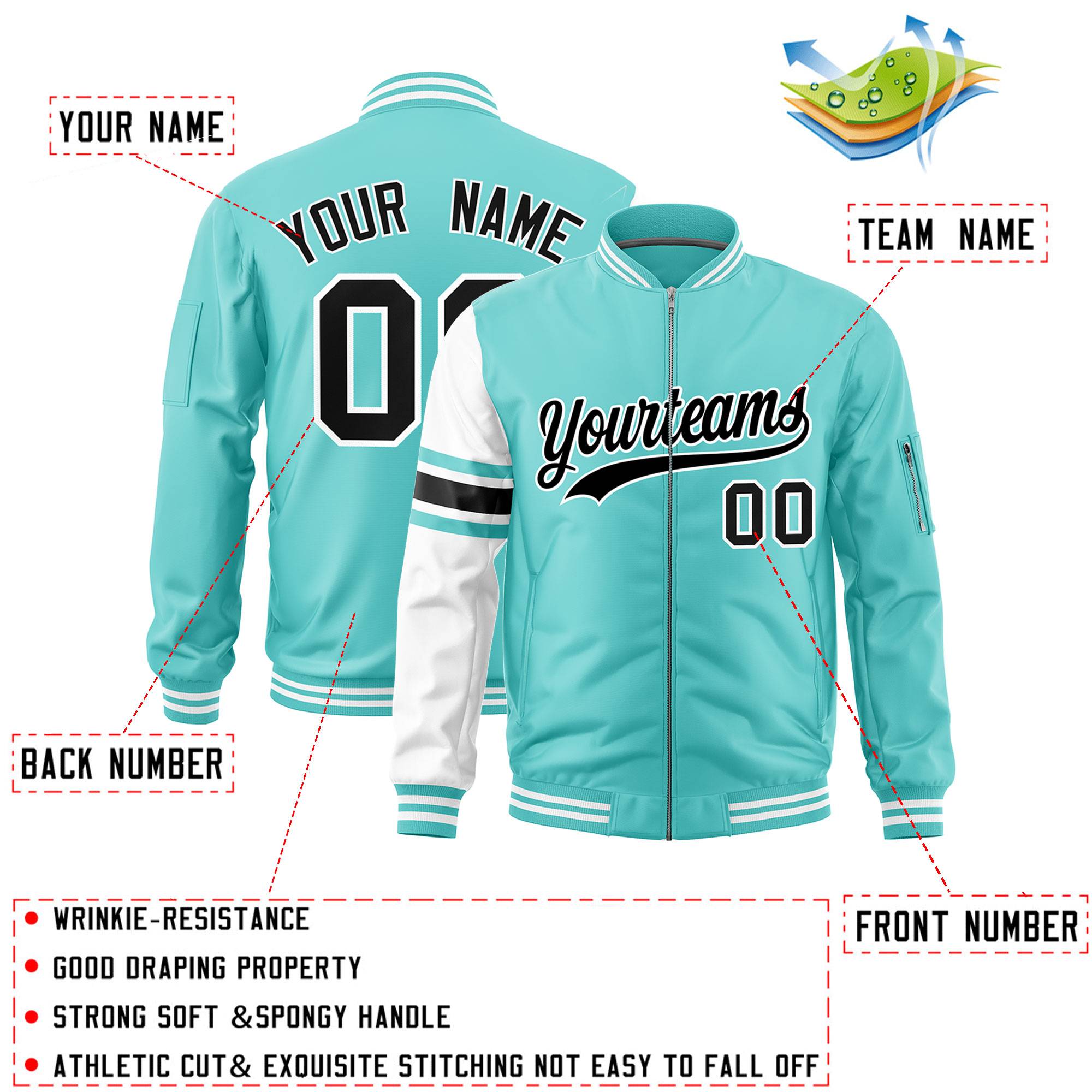 Custom Bright Green White Varsity Full-Zip Raglan Sleeves Stripe Letterman Bomber Jacket