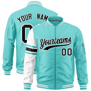 Custom Bright Green White Varsity Full-Zip Raglan Sleeves Stripe Letterman Bomber Jacket