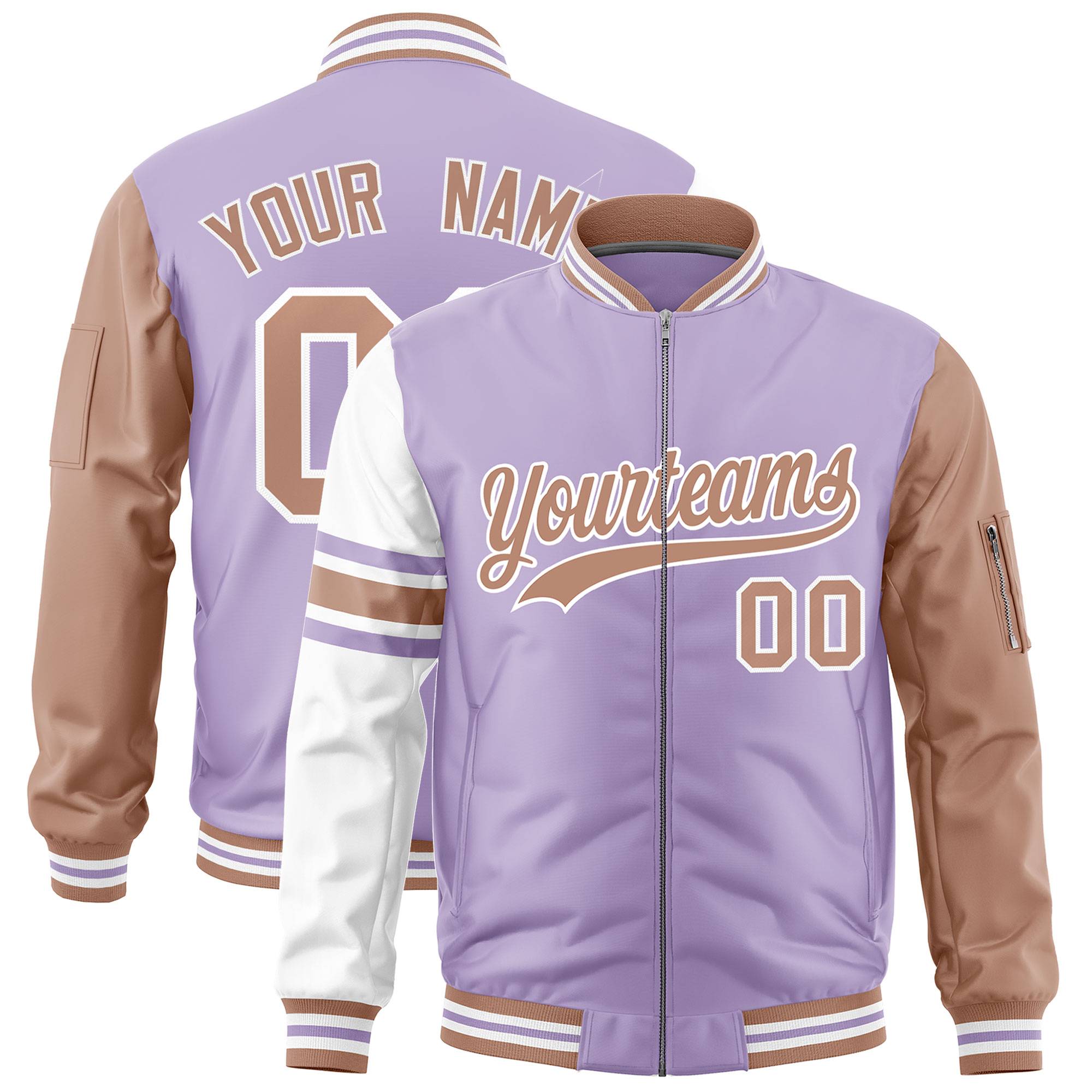 Custom Light Purple Coffee Brown-White Varsity Full-Zip Raglan Sleeves Stripe Letterman Bomber Jacket