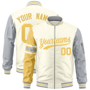 Custom Cream Khaki-Silver Varsity Full-Zip Raglan Sleeves Stripe Letterman Bomber Jacket