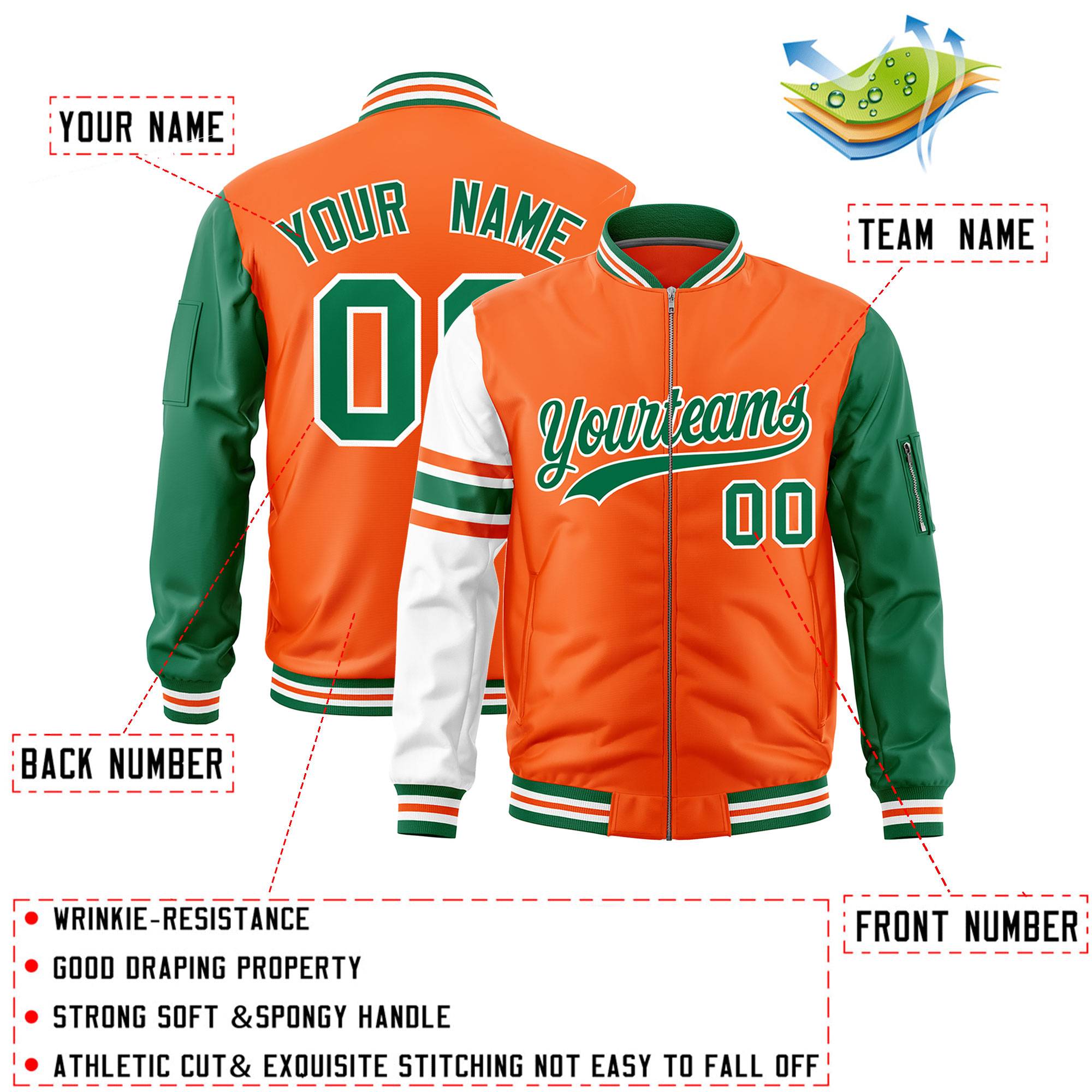 Custom Orange Kelly Green-White Varsity Full-Zip Raglan Sleeves Stripe Letterman Bomber Jacket