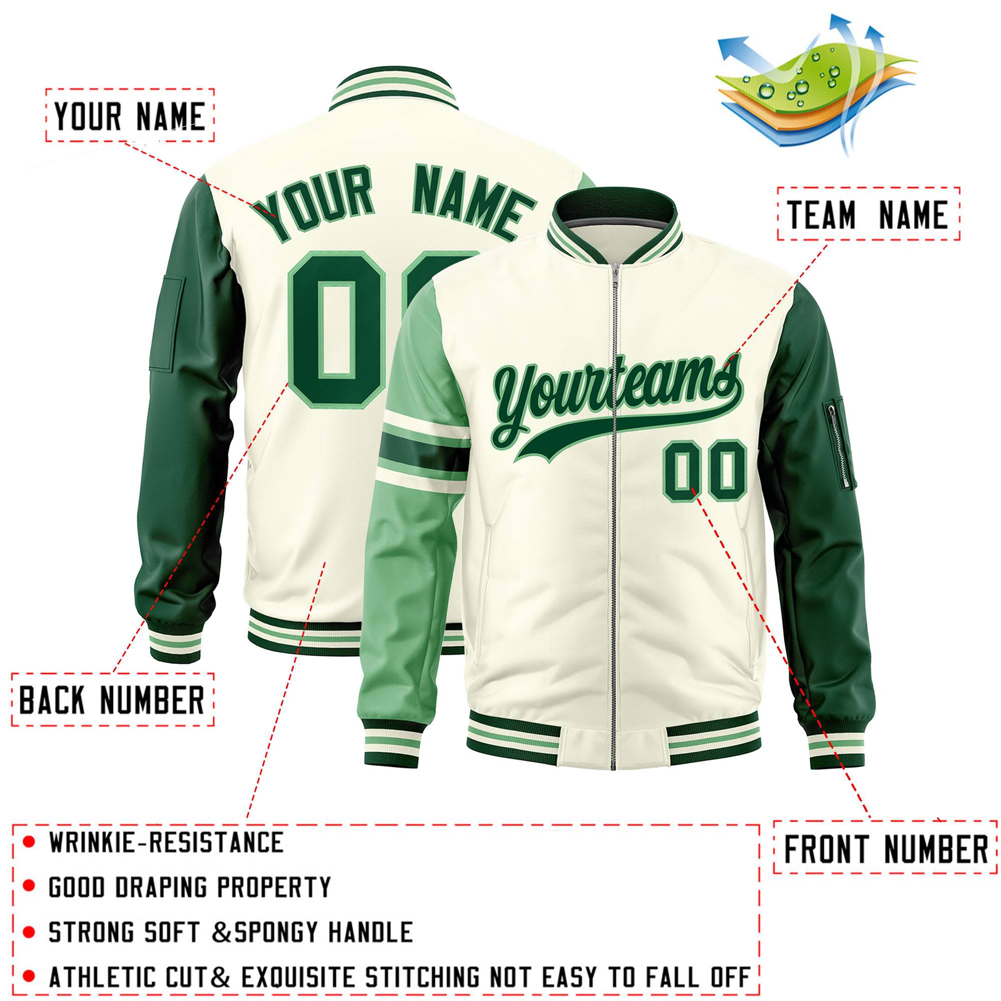 Custom Cream Green-Light Green Varsity Full-Zip Raglan Sleeves Stripe Letterman Bomber Jacket