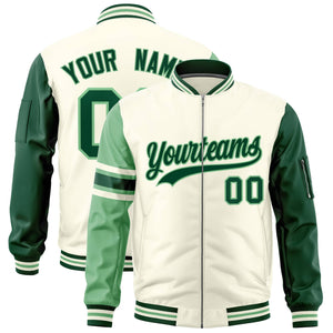 Custom Cream Green-Light Green Varsity Full-Zip Raglan Sleeves Stripe Letterman Bomber Jacket