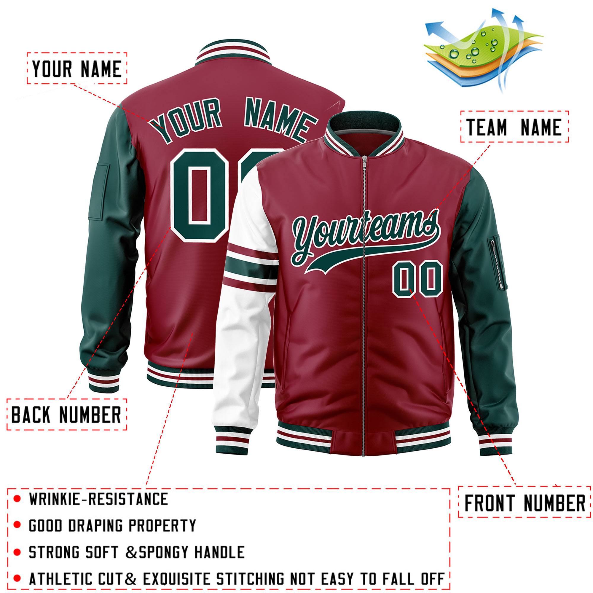 Custom Crimson Midnight Green-White Varsity Full-Zip Raglan Sleeves Stripe Letterman Bomber Jacket