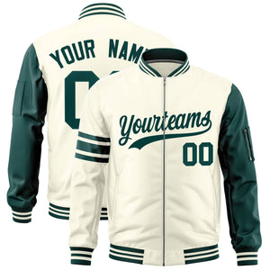 Custom Cream Midnight Green Varsity Full-Zip Raglan Sleeves Stripe Letterman Bomber Jacket