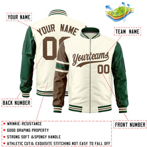 Custom Cream Light Brown-Green Varsity Full-Zip Raglan Sleeves Stripe Letterman Bomber Jacket