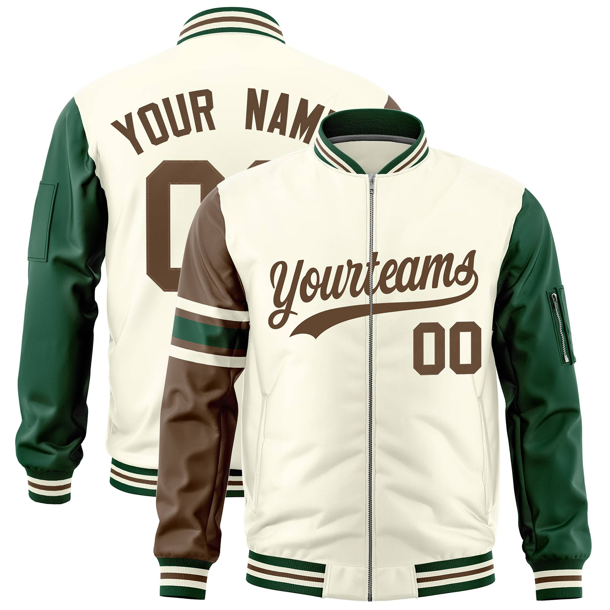 Custom Cream Light Brown-Green Varsity Full-Zip Raglan Sleeves Stripe Letterman Bomber Jacket