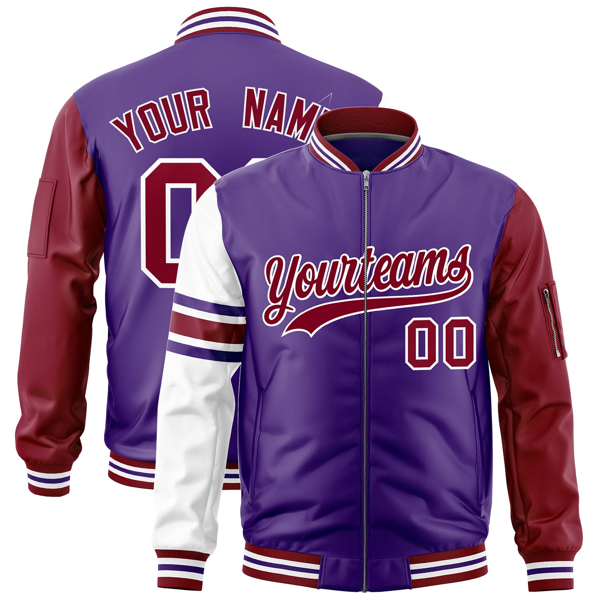 Custom Purple Crimson-White Varsity Full-Zip Raglan Sleeves Stripe Letterman Bomber Jacket