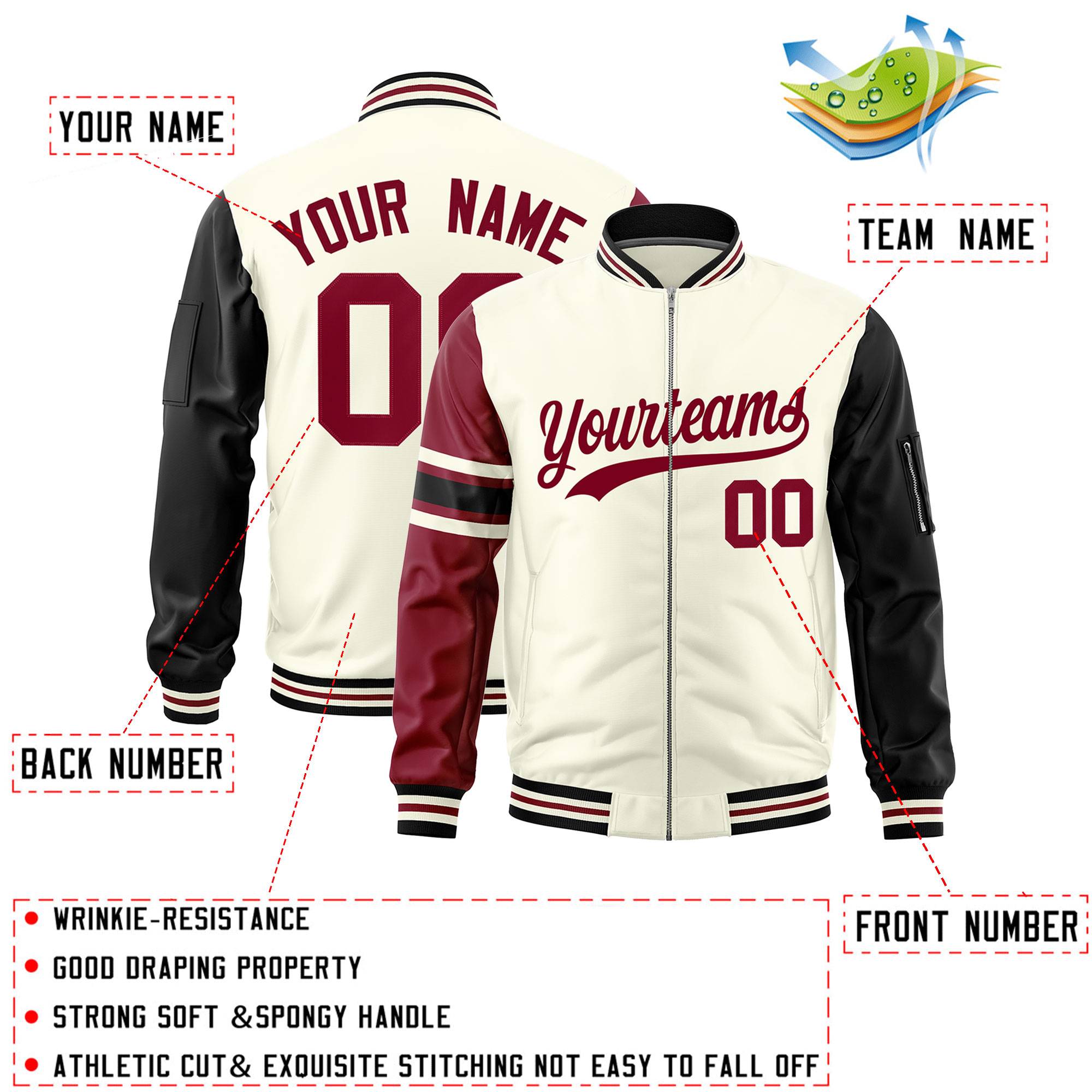 Custom Cream Crimson-Black Varsity Full-Zip Raglan Sleeves Stripe Letterman Bomber Jacket