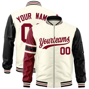 Custom Cream Crimson-Black Varsity Full-Zip Raglan Sleeves Stripe Letterman Bomber Jacket