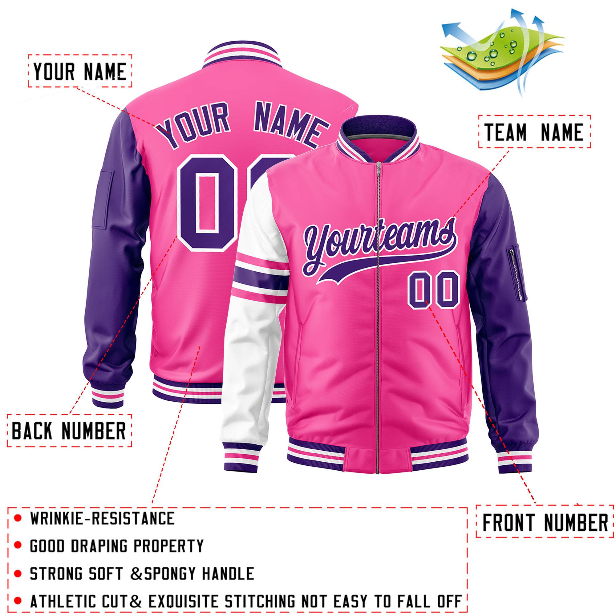 Custom Pink Purple-White Varsity Full-Zip Raglan Sleeves Stripe Letterman Bomber Jacket