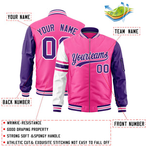 Custom Pink Purple-White Varsity Full-Zip Raglan Sleeves Stripe Letterman Bomber Jacket