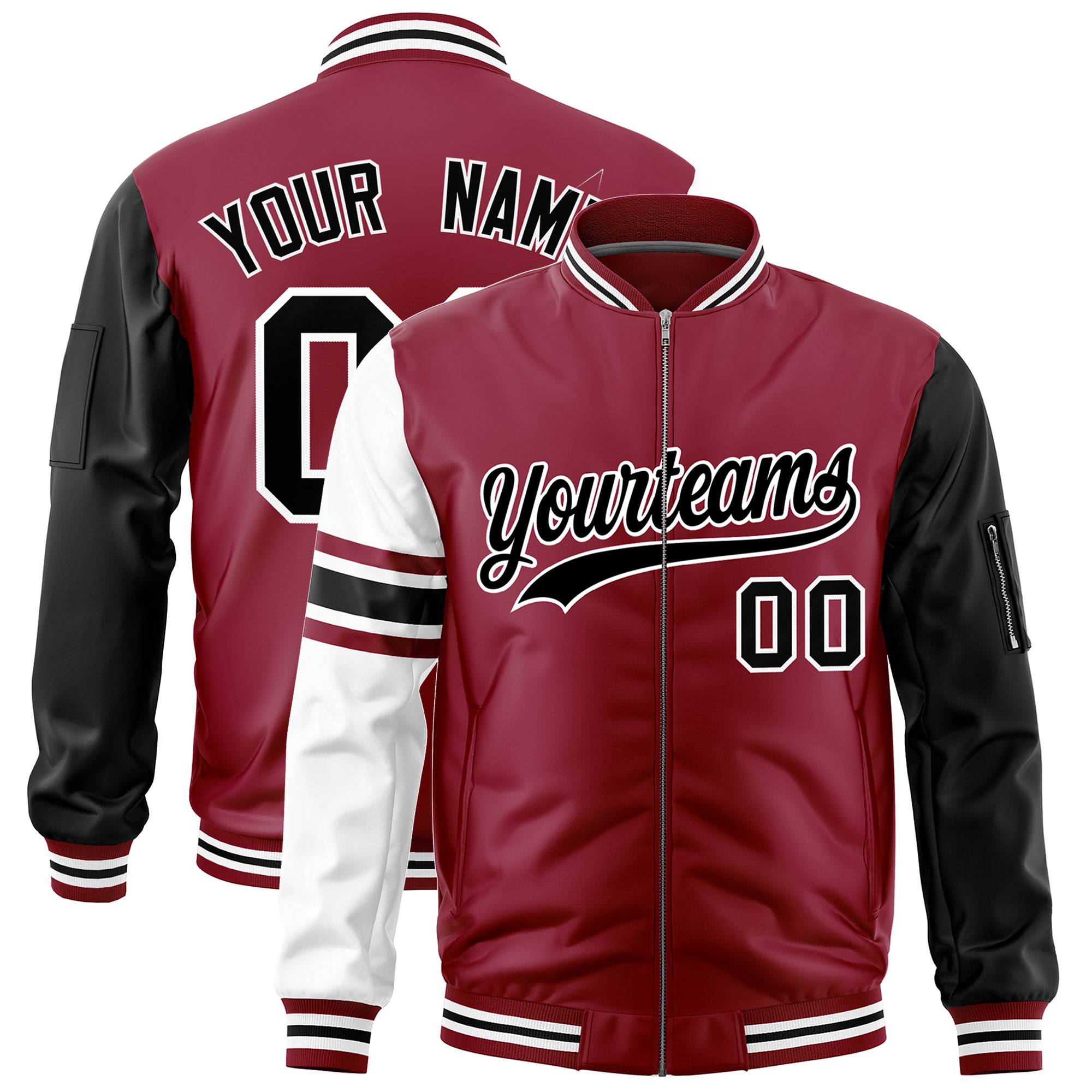 Custom Crimson Black-White Varsity Full-Zip Raglan Sleeves Stripe Letterman Bomber Jacket