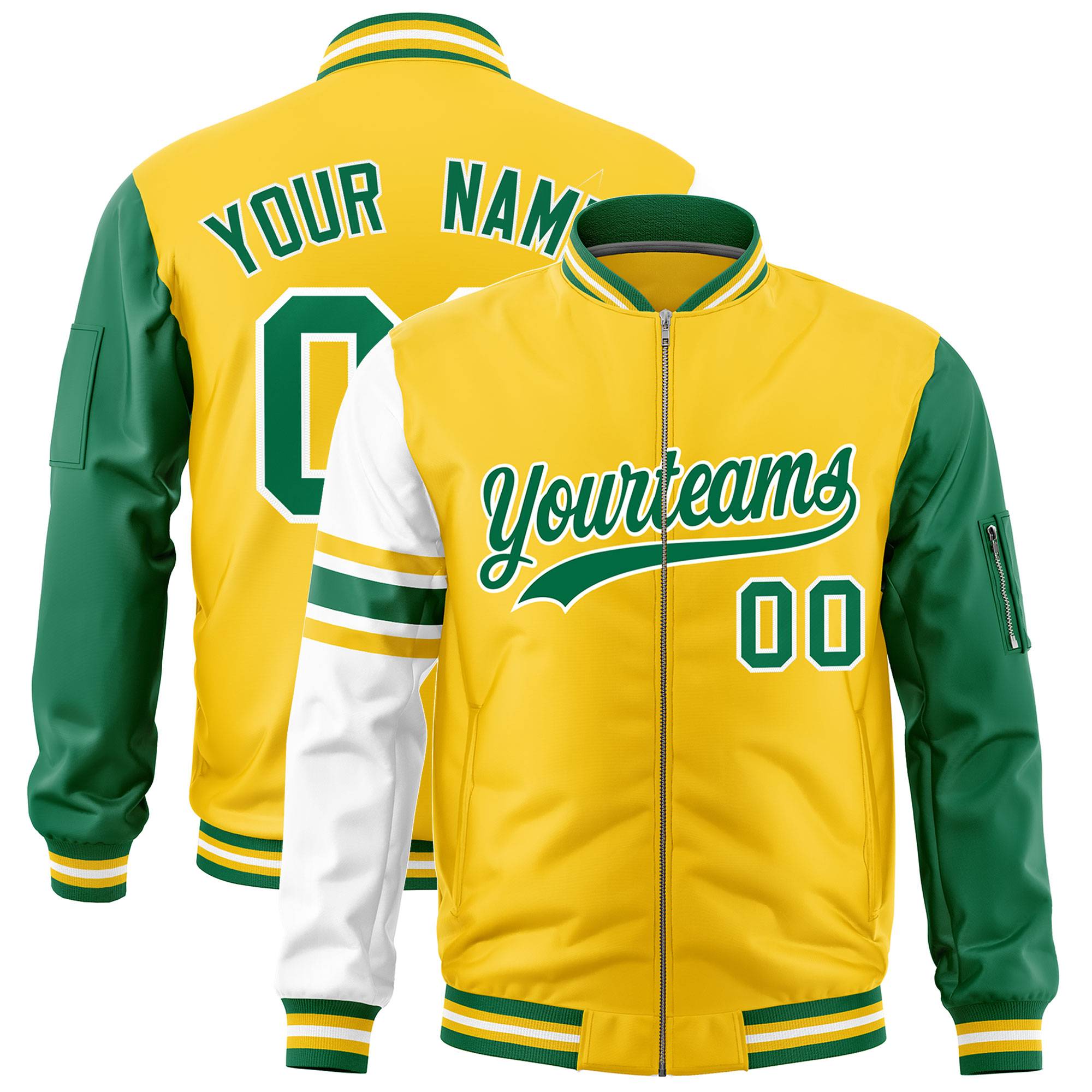 Custom Gold Kelly Green-White Varsity Full-Zip Raglan Sleeves Stripe Letterman Bomber Jacket