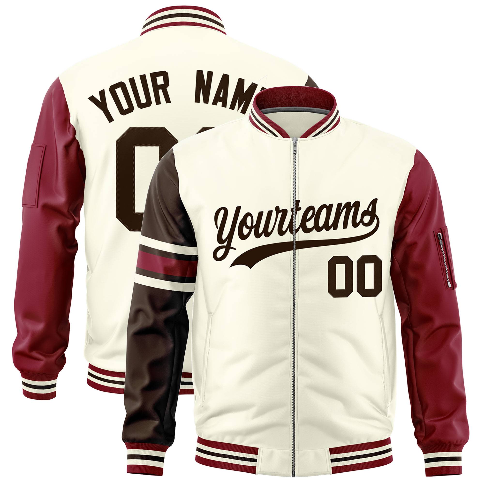 Custom Cream Brown-Crimson Varsity Full-Zip Raglan Sleeves Stripe Letterman Bomber Jacket