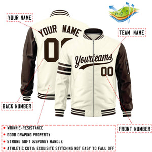 Custom Cream Brown Varsity Full-Zip Raglan Sleeves Stripe Letterman Bomber Jacket