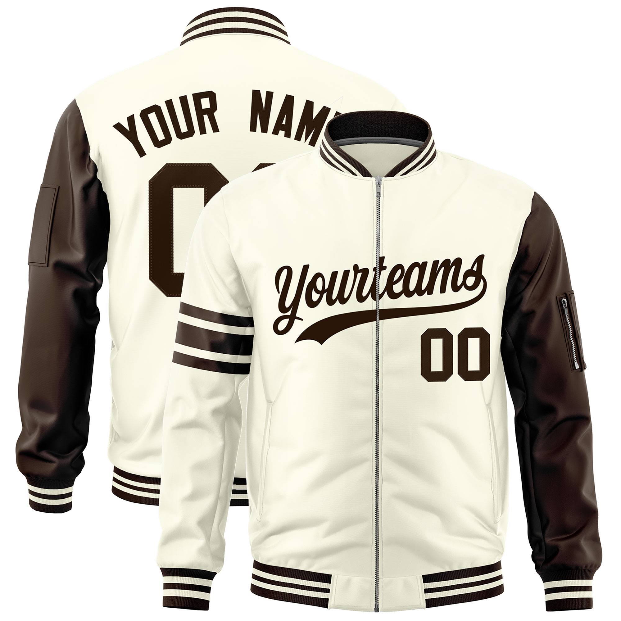 Custom Cream Brown Varsity Full-Zip Raglan Sleeves Stripe Letterman Bomber Jacket