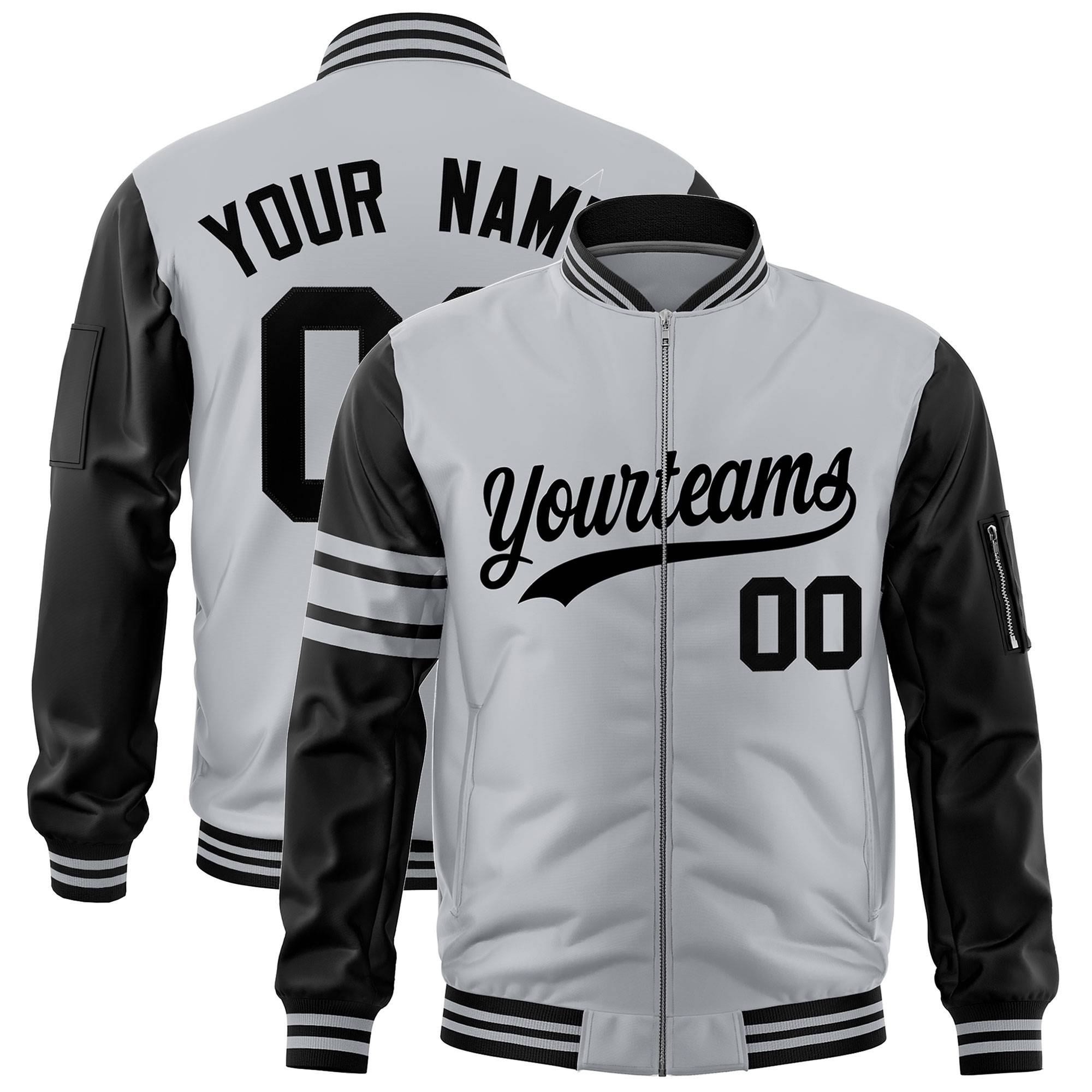 Custom Silver Black Varsity Full-Zip Raglan Sleeves Stripe Letterman Bomber Jacket