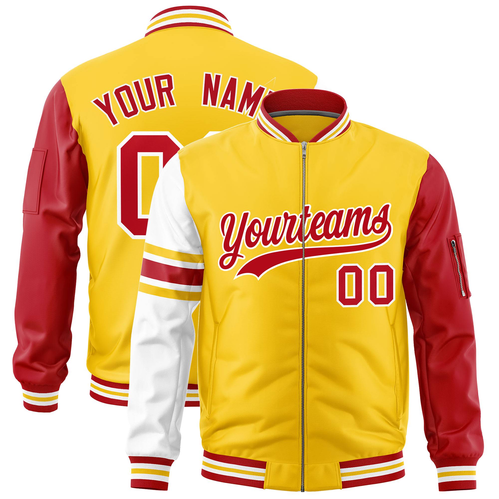 Custom Gold Red-White Varsity Full-Zip Raglan Sleeves Stripe Letterman Bomber Jacket