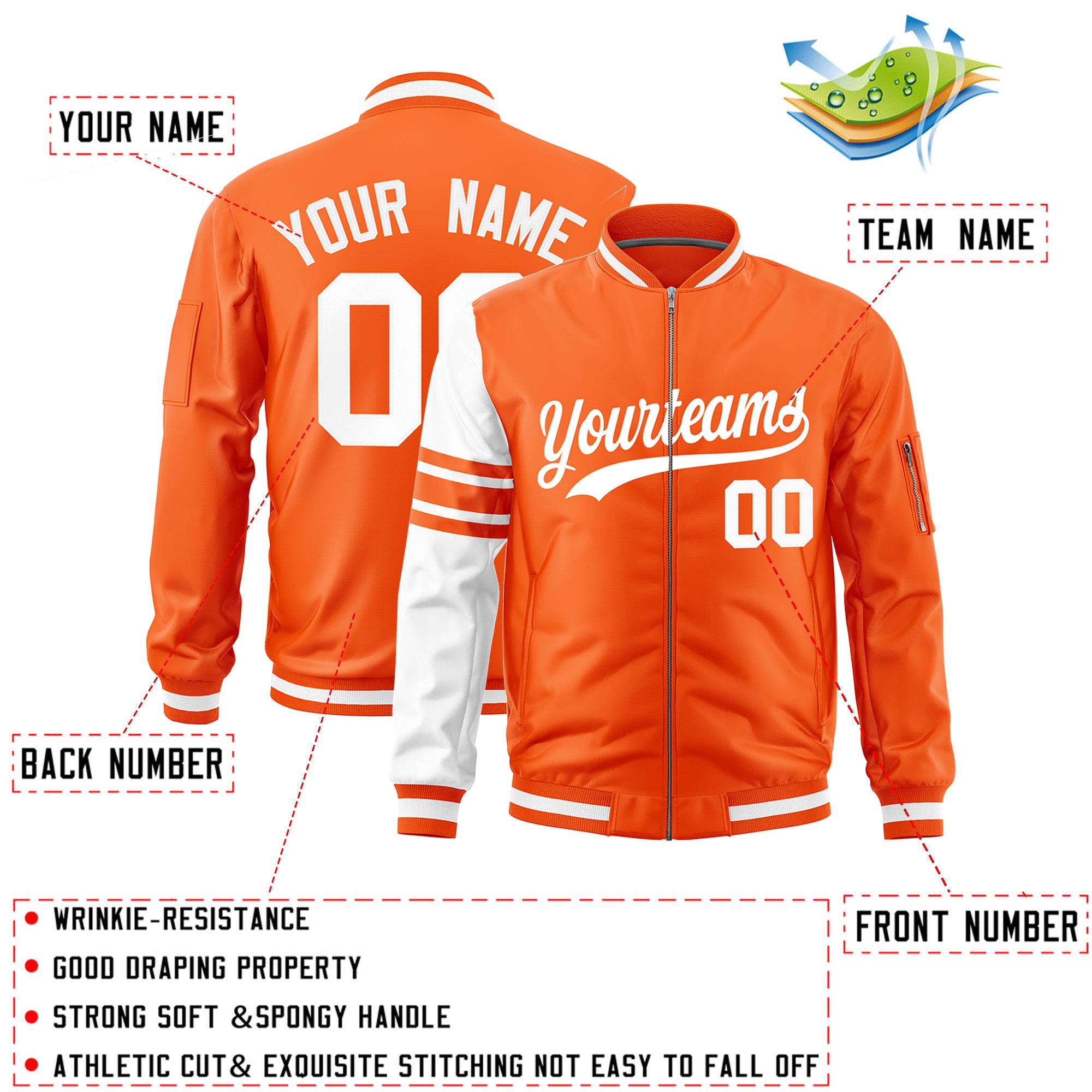 Custom Orange White Varsity Full-Zip Raglan Sleeves Stripe Letterman Bomber Jacket