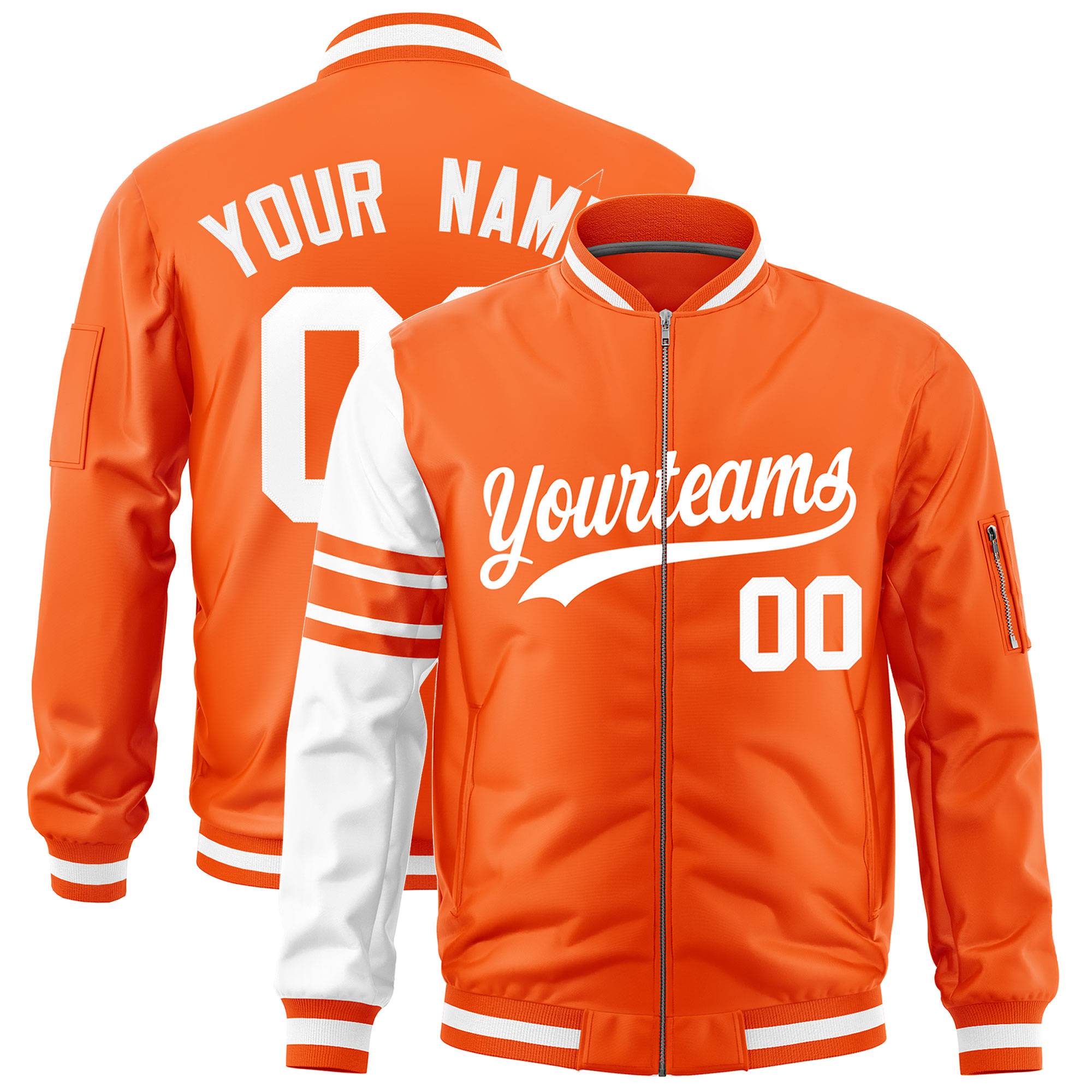 Custom Orange White Varsity Full-Zip Raglan Sleeves Stripe Letterman Bomber Jacket