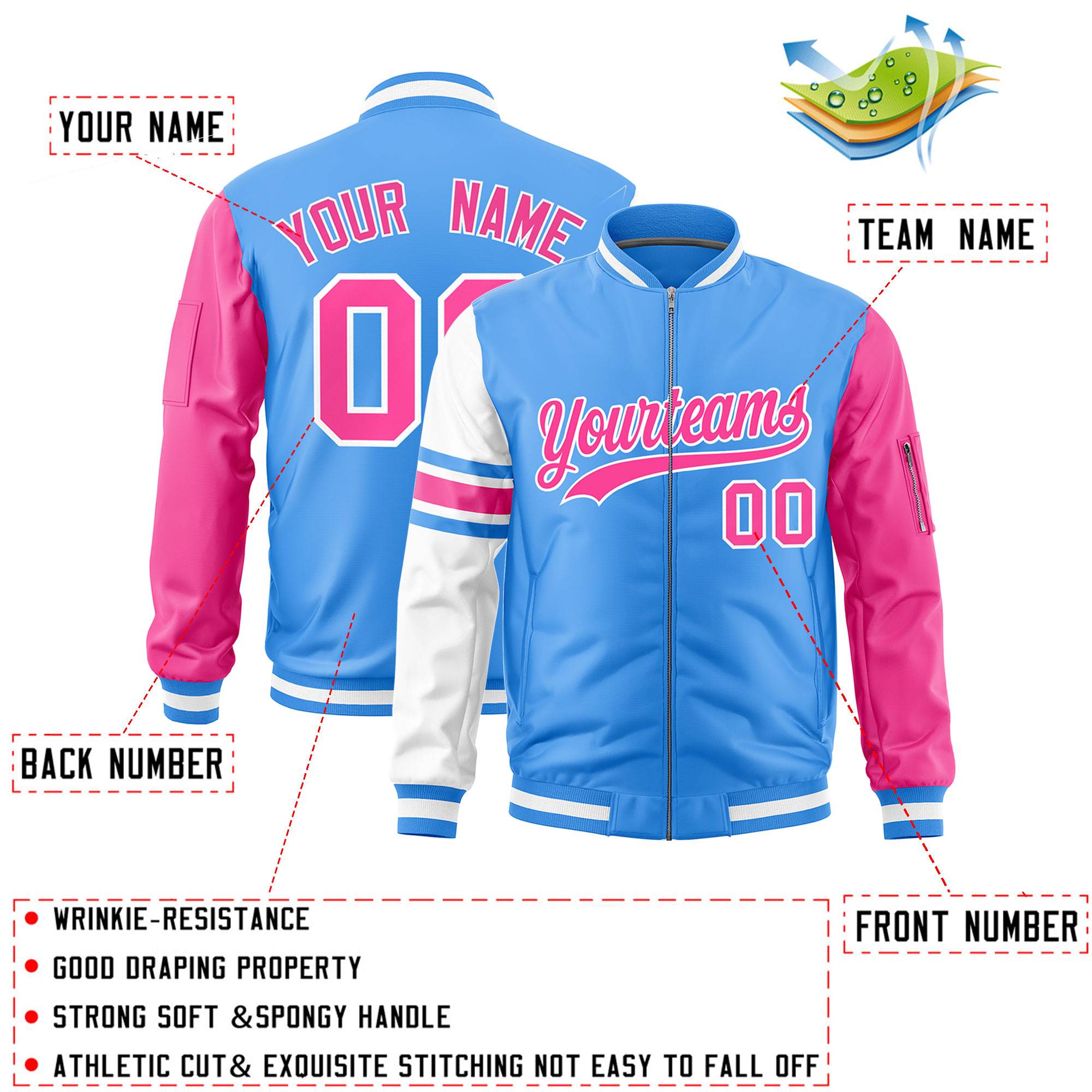 Custom Powder Blue Pink-White Varsity Full-Zip Raglan Sleeves Stripe Letterman Bomber Jacket