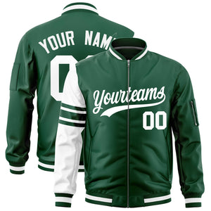 Custom Green White Varsity Full-Zip Raglan Sleeves Stripe Letterman Bomber Jacket