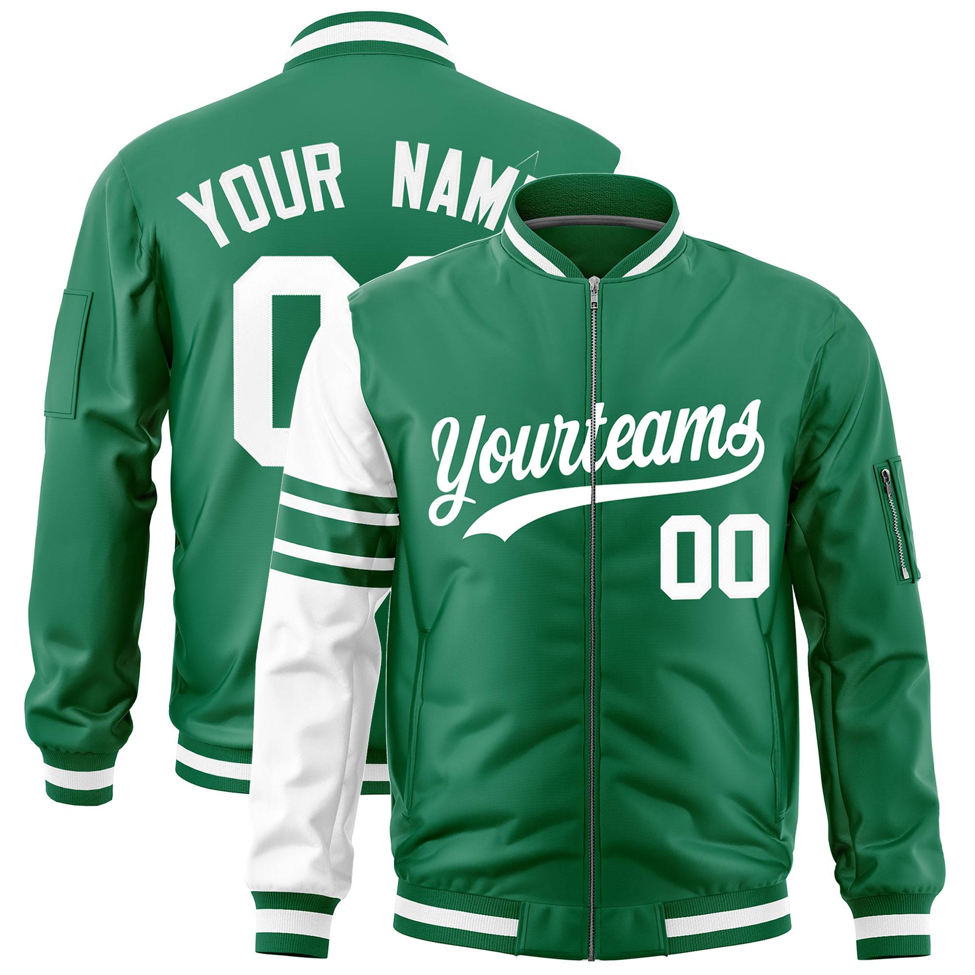 Custom Kelly Green White Varsity Full-Zip Raglan Sleeves Stripe Letterman Bomber Jacket