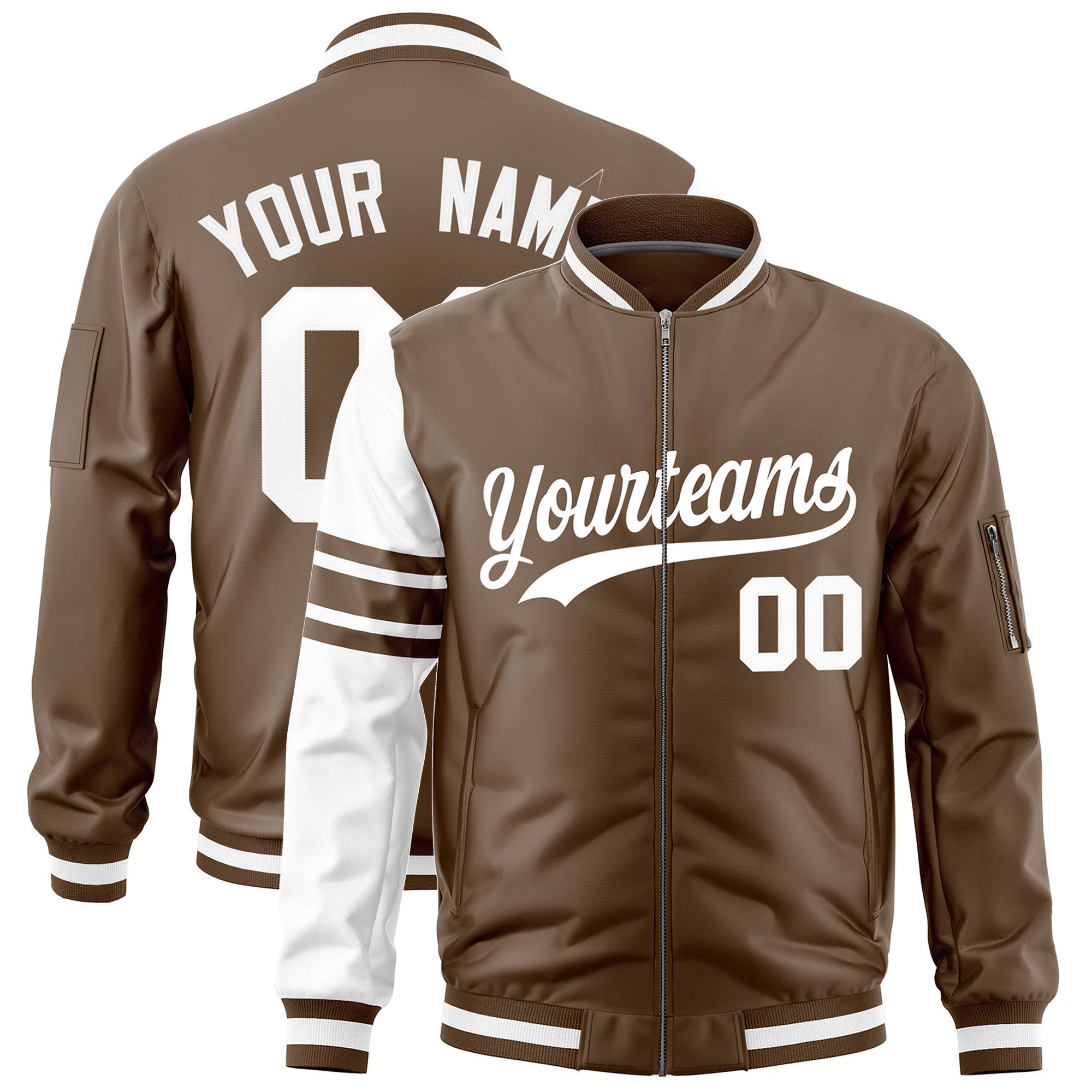 Custom Light Brown White Varsity Full-Zip Raglan Sleeves Stripe Letterman Bomber Jacket