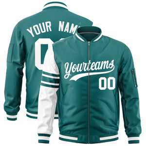 Custom Aqua White Varsity Full-Zip Raglan Sleeves Stripe Letterman Bomber Jacket