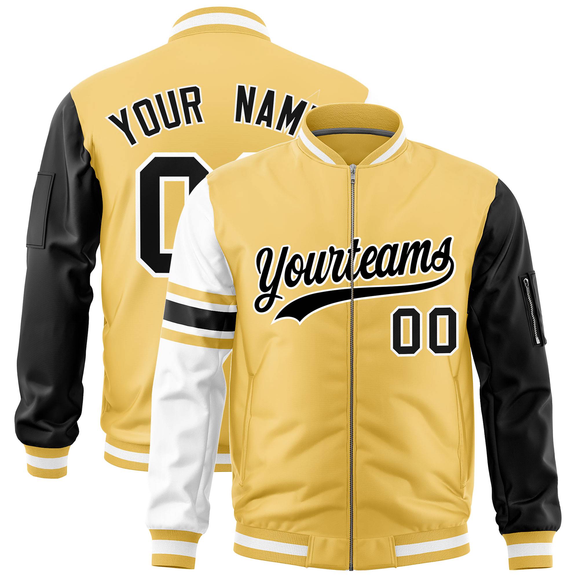 Custom Khaki Black-White Varsity Full-Zip Raglan Sleeves Stripe Letterman Bomber Jacket