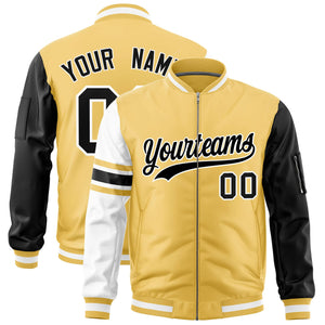 Custom Khaki Black-White Varsity Full-Zip Raglan Sleeves Stripe Letterman Bomber Jacket