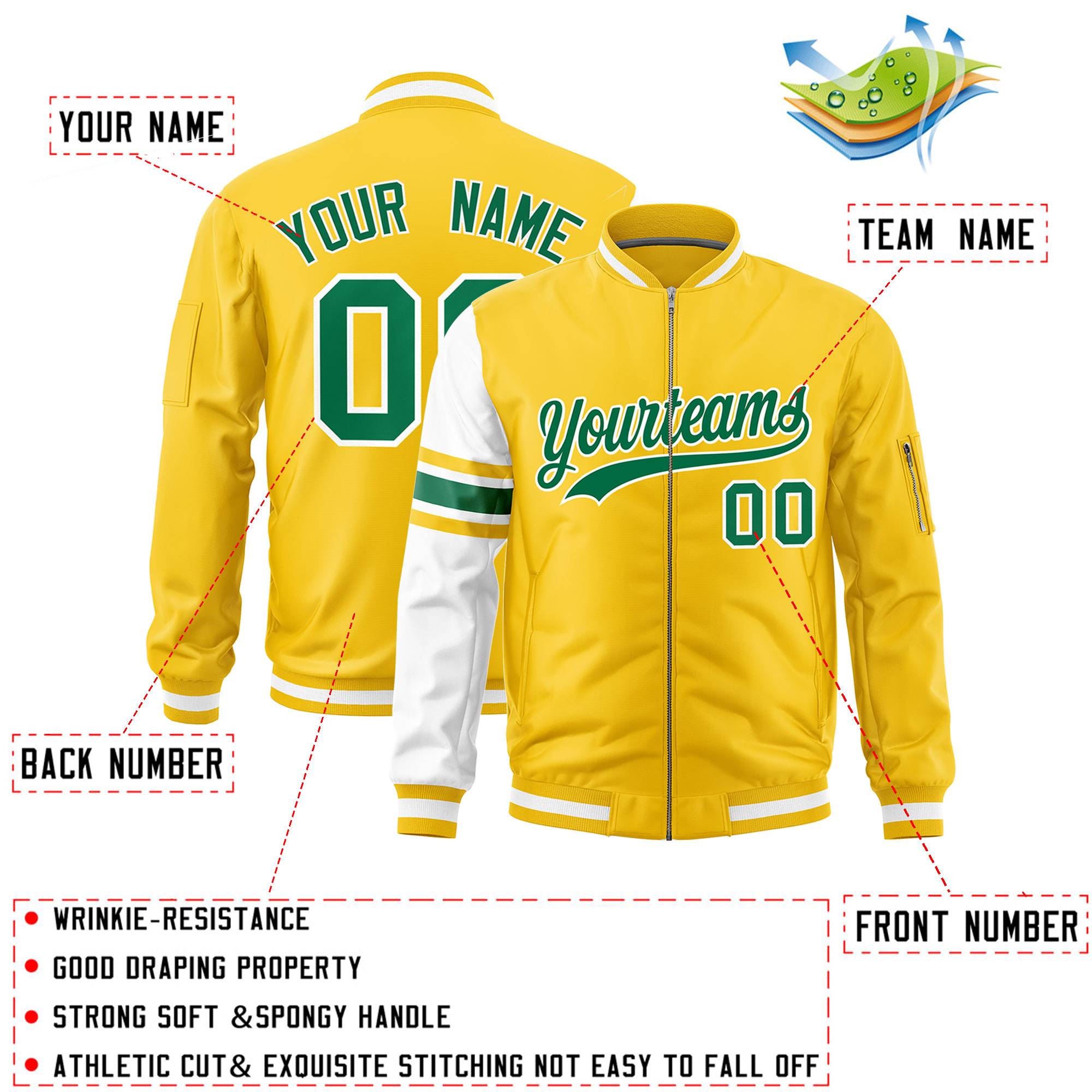 Custom Gold White Varsity Full-Zip Raglan Sleeves Stripe Letterman Bomber Jacket