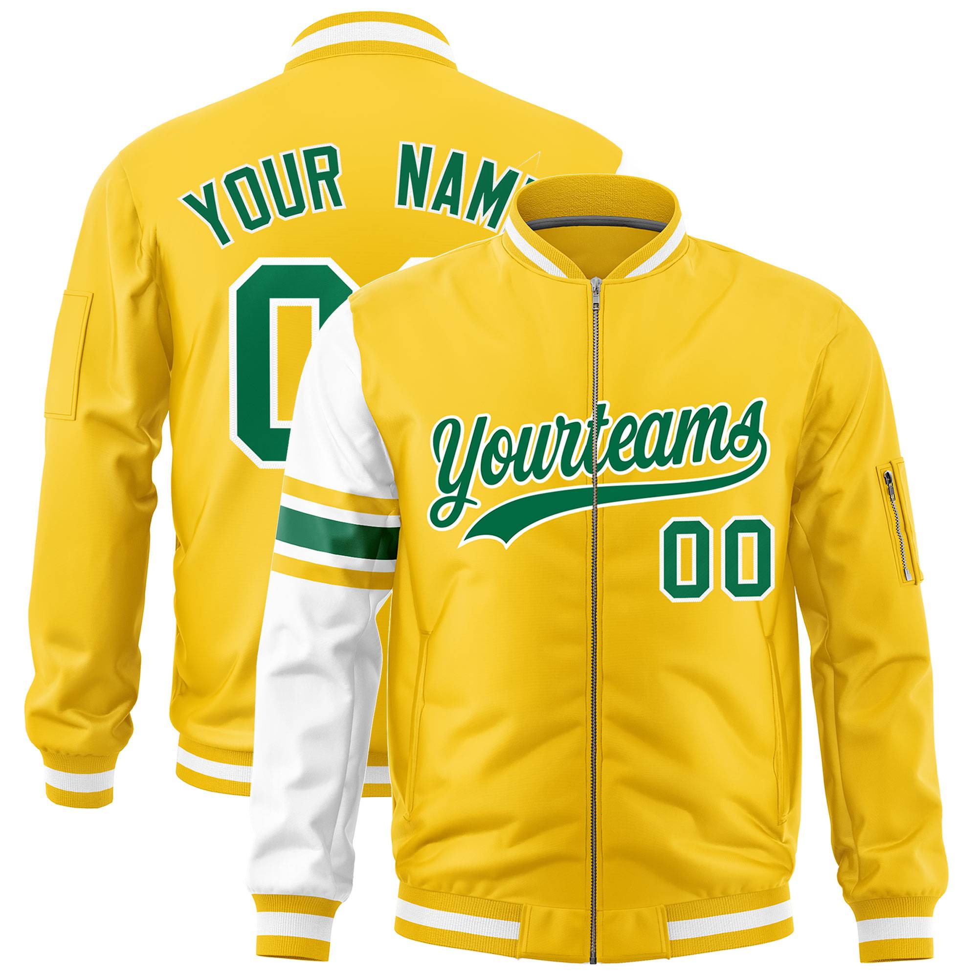 Custom Gold White Varsity Full-Zip Raglan Sleeves Stripe Letterman Bomber Jacket