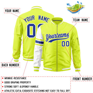 Custom Fluorescent Green White Varsity Full-Zip Raglan Sleeves Stripe Letterman Bomber Jacket