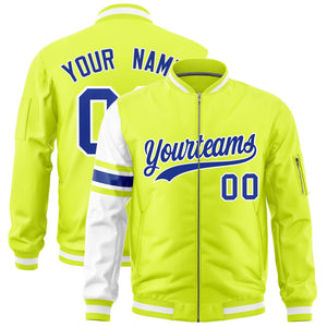 Custom Fluorescent Green White Varsity Full-Zip Raglan Sleeves Stripe Letterman Bomber Jacket