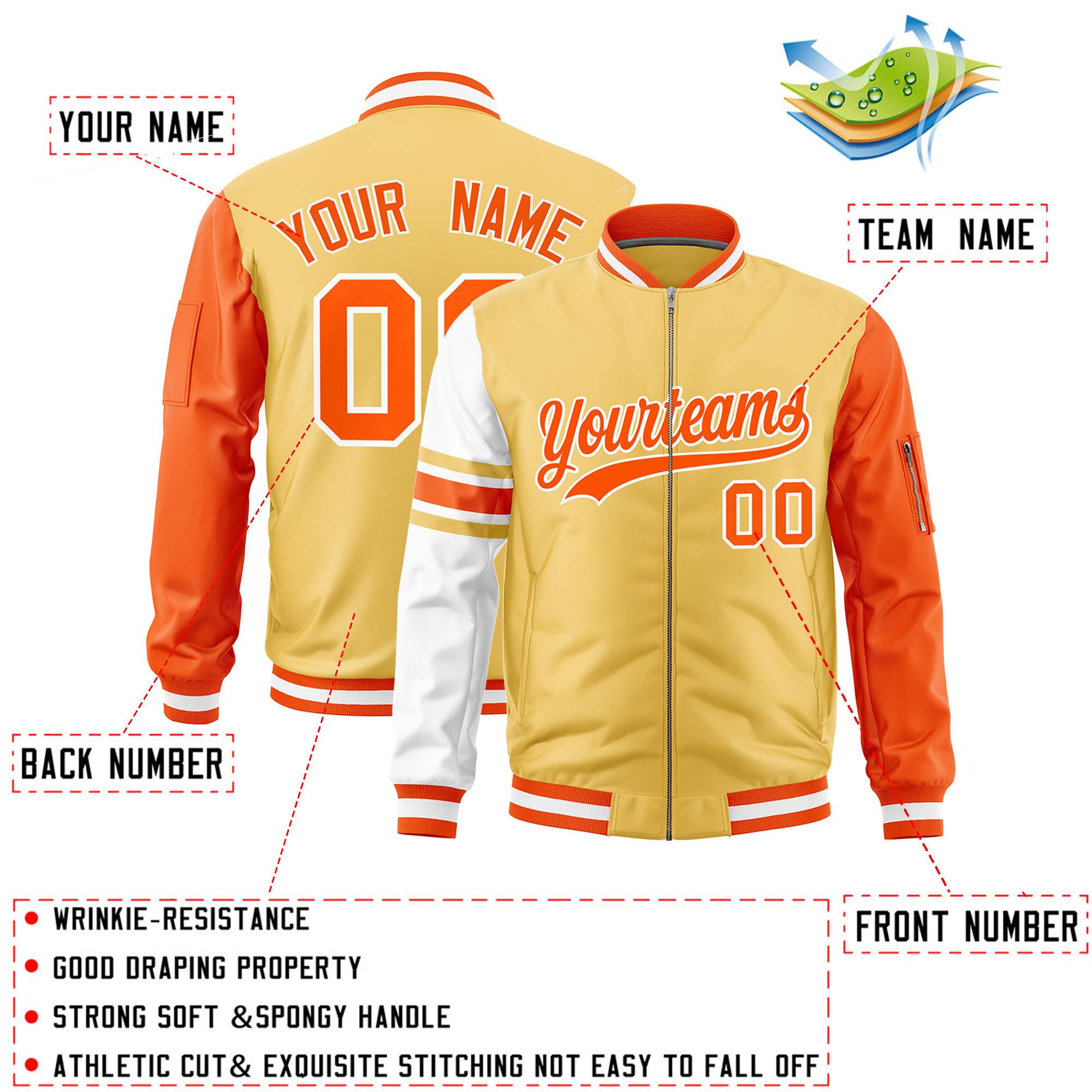 Custom Khaki Orange-White Varsity Full-Zip Raglan Sleeves Stripe Letterman Bomber Jacket