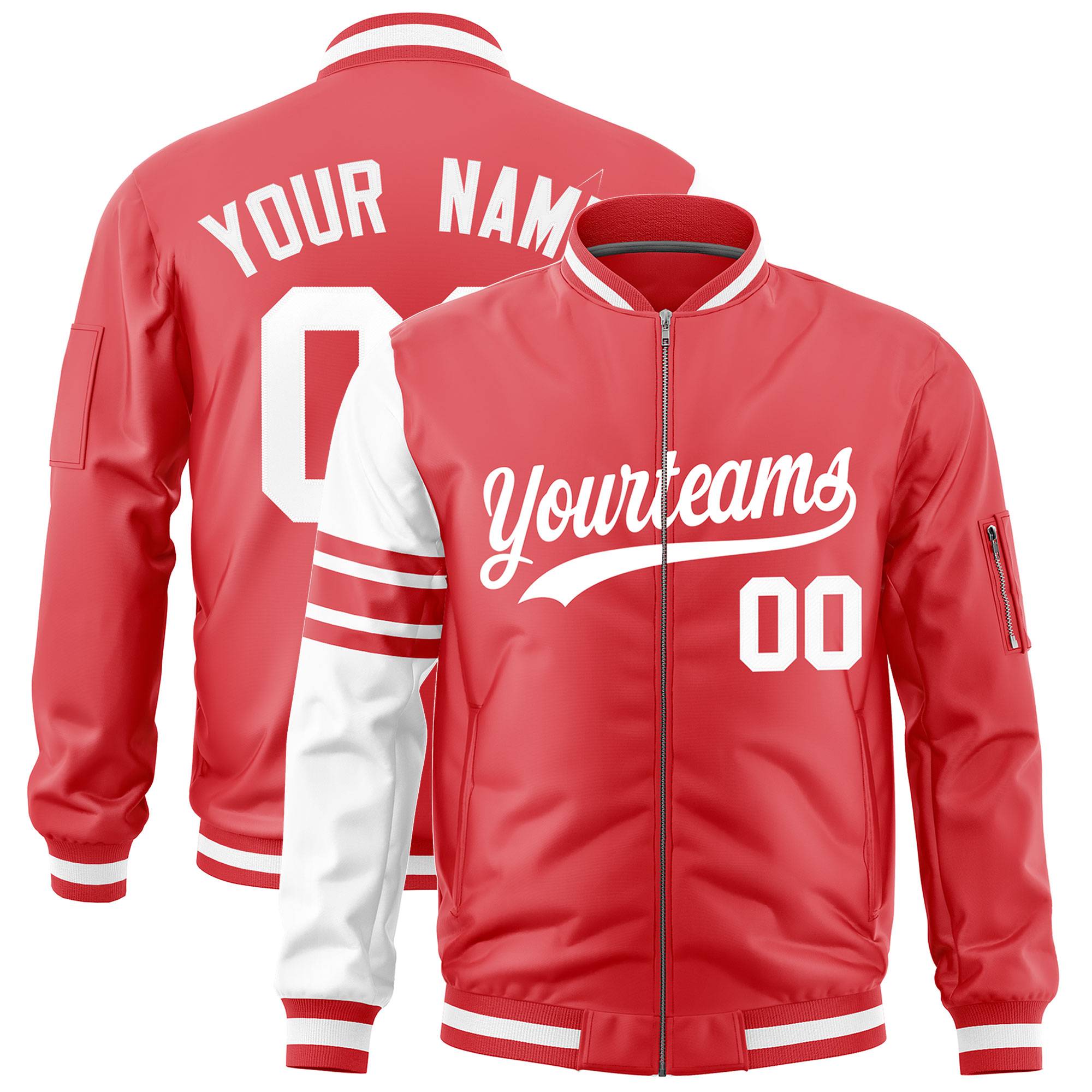 Custom Light Red White Varsity Full-Zip Raglan Sleeves Stripe Letterman Bomber Jacket