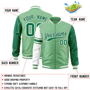 Custom Light Green Kelly Green-White Varsity Full-Zip Raglan Sleeves Stripe Letterman Bomber Jacket