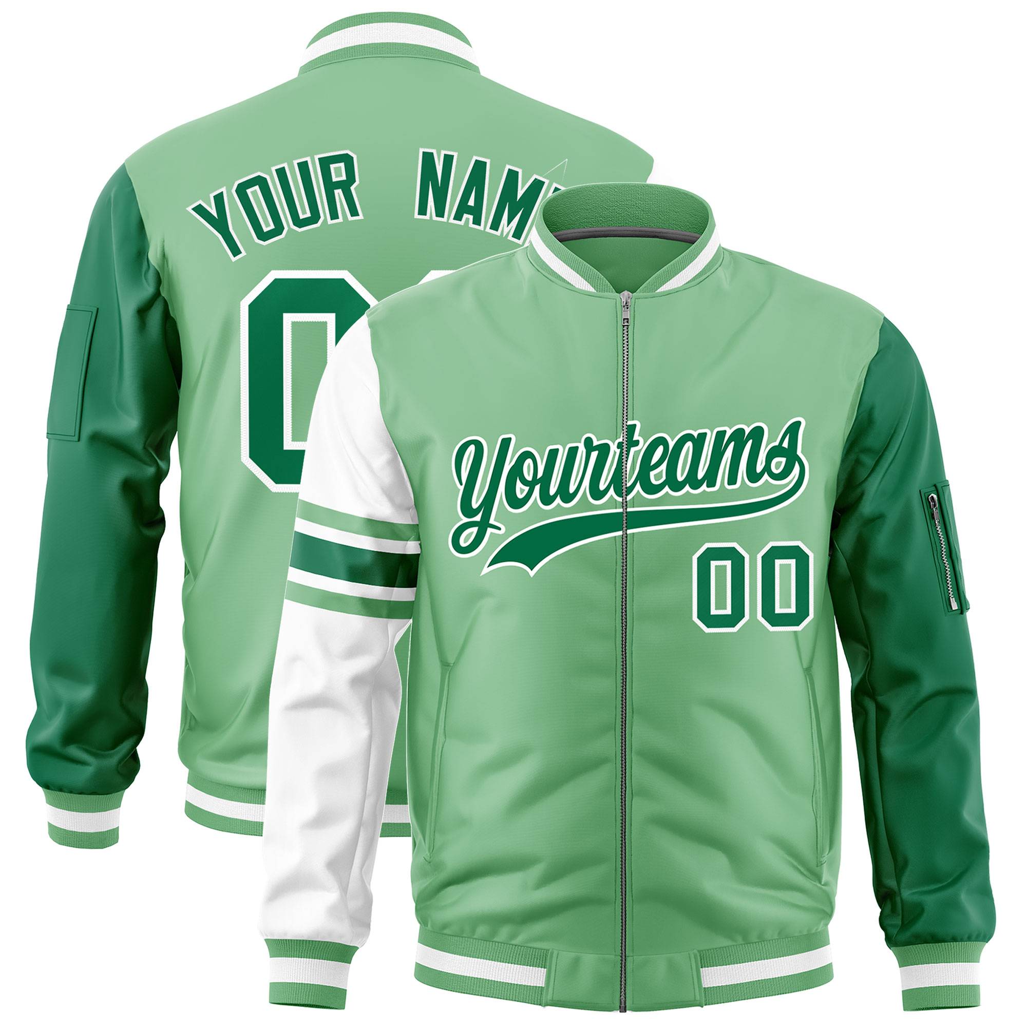 Custom Light Green Kelly Green-White Varsity Full-Zip Raglan Sleeves Stripe Letterman Bomber Jacket