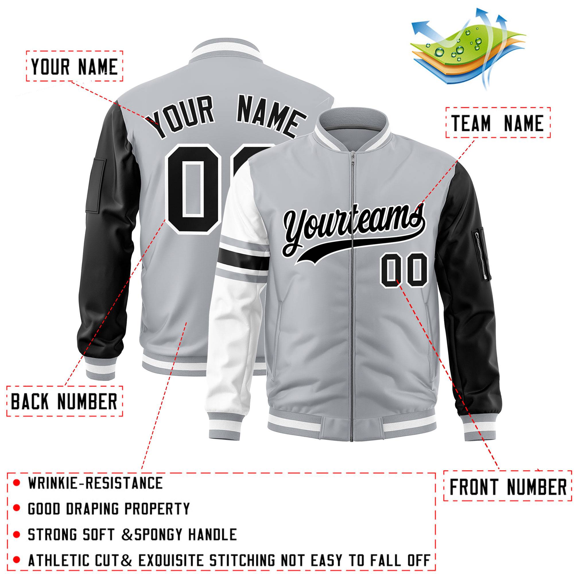 Custom Silver Black-White Varsity Full-Zip Raglan Sleeves Stripe Letterman Bomber Jacket