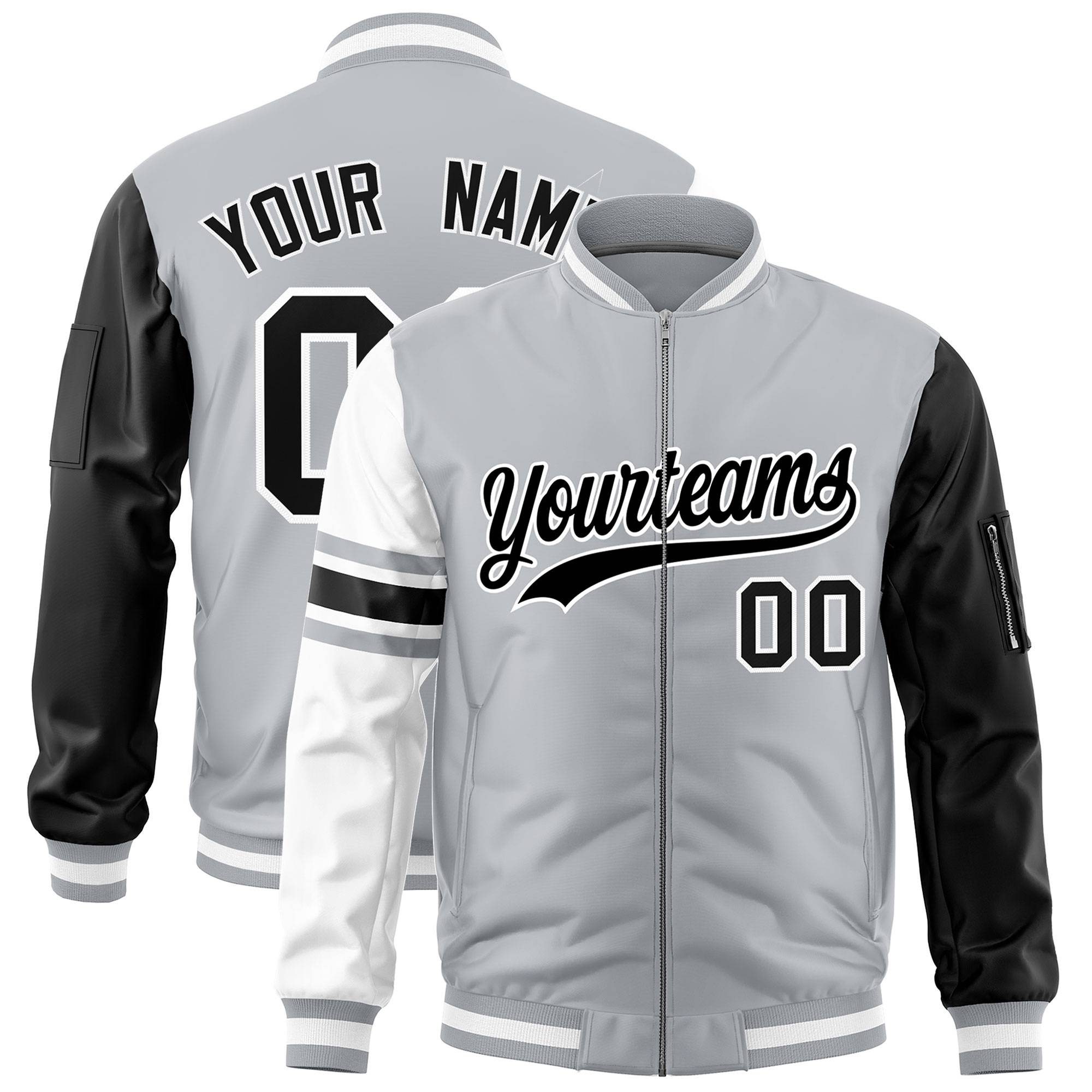 Custom Silver Black-White Varsity Full-Zip Raglan Sleeves Stripe Letterman Bomber Jacket