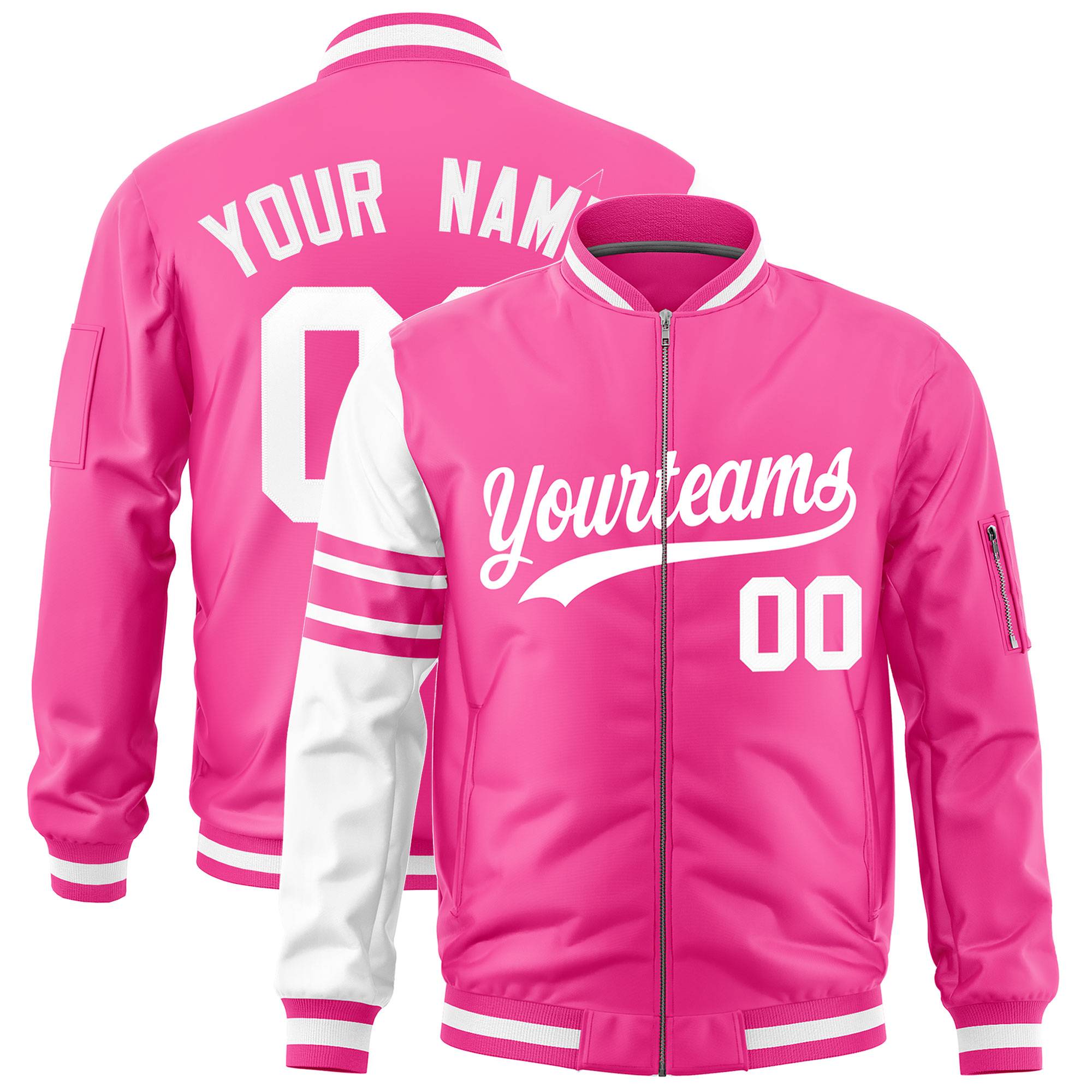 Custom Pink White Varsity Full-Zip Raglan Sleeves Stripe Letterman Bomber Jacket