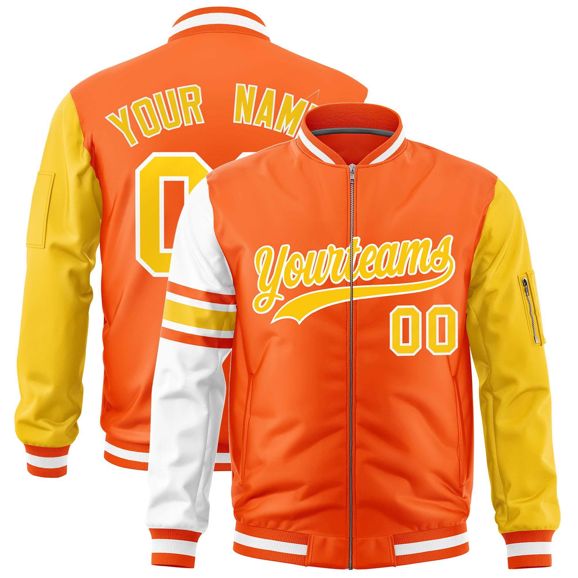 Custom Orange Gold-White Varsity Full-Zip Raglan Sleeves Stripe Letterman Bomber Jacket