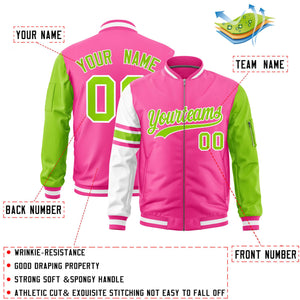 Custom Pink Neon Green-White Varsity Full-Zip Raglan Sleeves Stripe Letterman Bomber Jacket